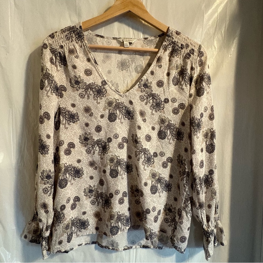 Lucky Brand Top Womens Size S Tan Brown Babydoll Cottagecore Long Sleeves V-Neck